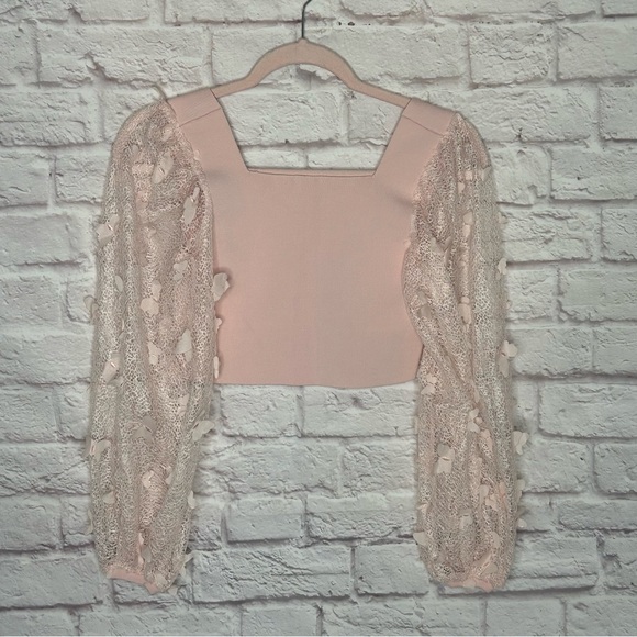 Free People Light Pink Lace Butterfly Balloon Sleeve Crop Top NWT - Picture 7 of 15